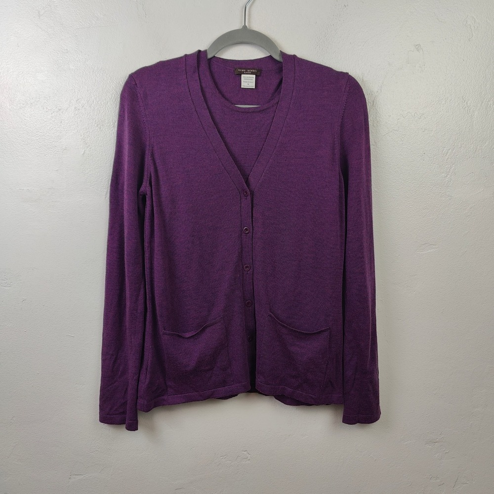 Vintage Henri Bendel Womens Sweater Medium Purple Merino Wool Twin Set Preppy